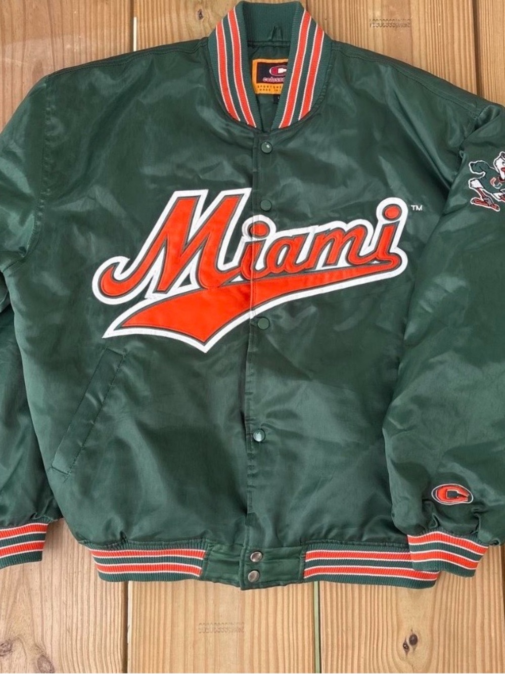 Vintage Miami Hurricanes Satin Bomber  Jacket Green Orange